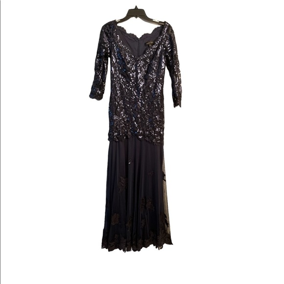 Tadashi Shoji Navy Blue Lace Sequin Embroidered Floral Appliqué Dress Gown 2 - Picture 1 of 7